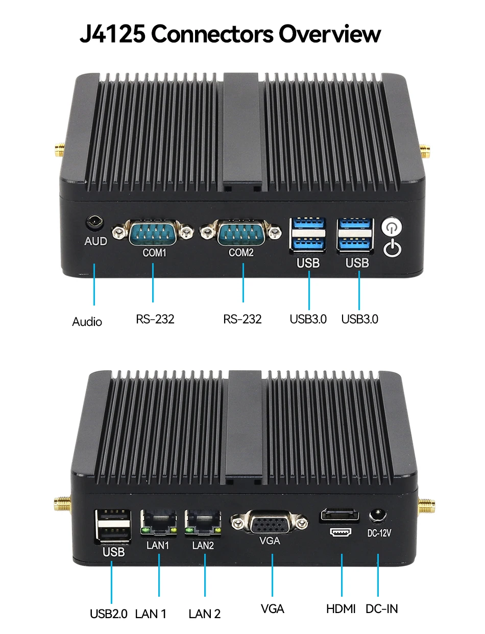 XCY Mini PC Intel Celeron J4125 Quad Cores 2x RS232 Dual Ethernet Mini PCIe WiFi HDMI VGA Fanless Industrial IPC Windows Linux 2