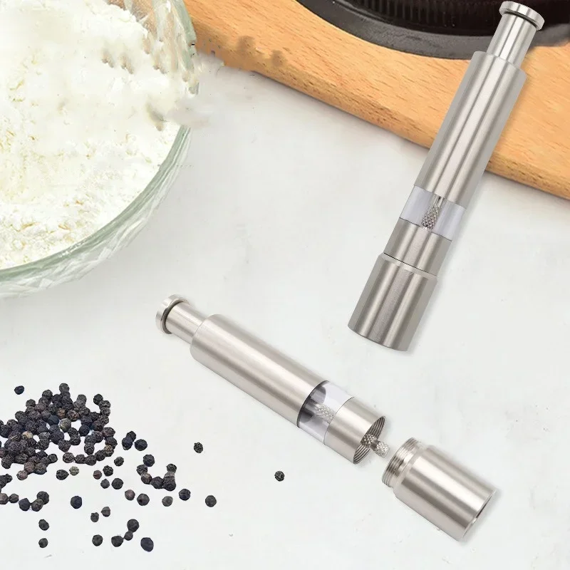 Stainless Steel Salt and Pepper Grinder Thumb Push Button for Hand Operation Thumb Press Grinder Peppercorns Sea Salt Spices Stainless Steel Salt and Pepper Grinder Thumb Push Button for Hand Operation Thumb Press Grinder Peppercorns Sea Salt Spices