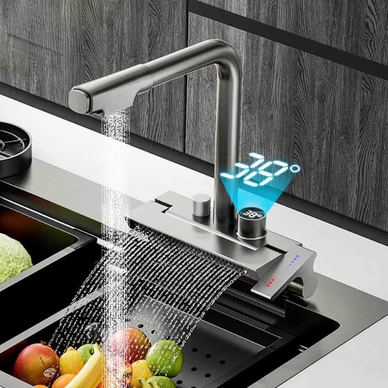 Kitchen Faucet Rain Waterfall Dish Washing pool Tap Single Hole Household Pull Out Temperature