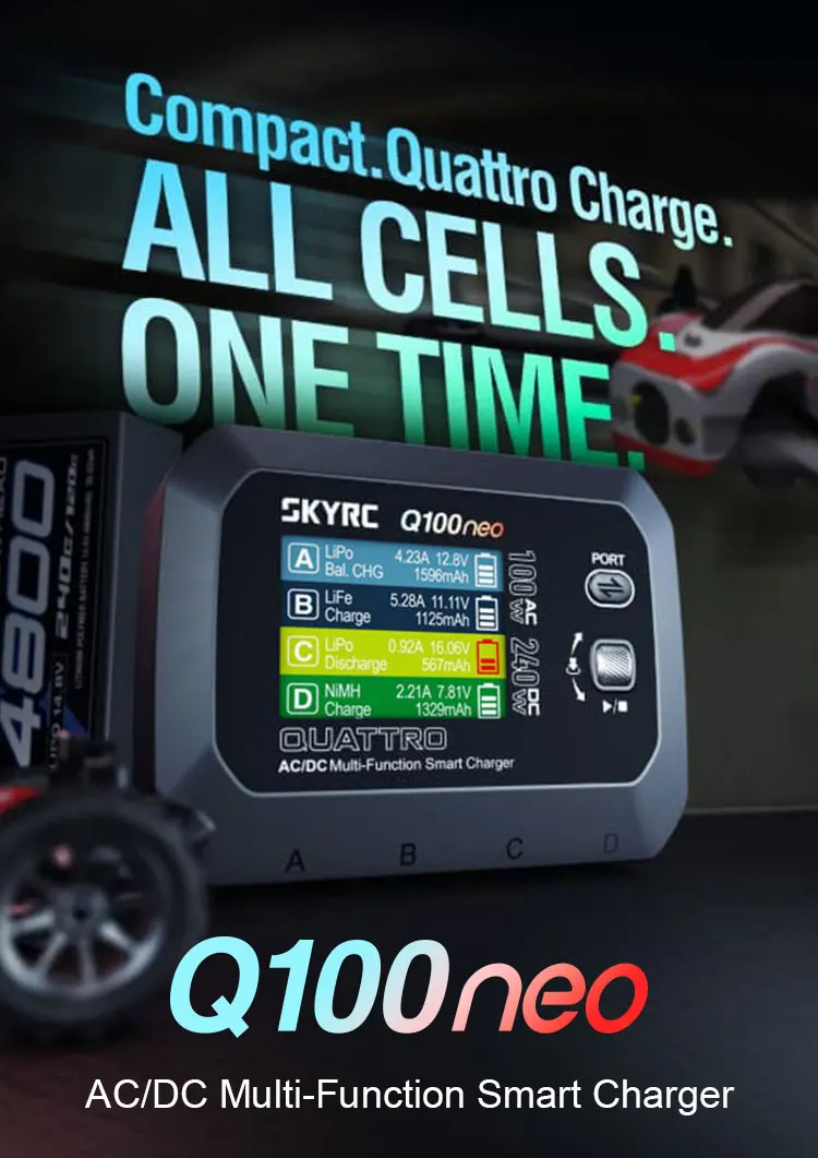 SkyRC Q100neo Chargeur Intelligent 4 Canaux en cours d'utilisation avec des batteries LiPo connectées.