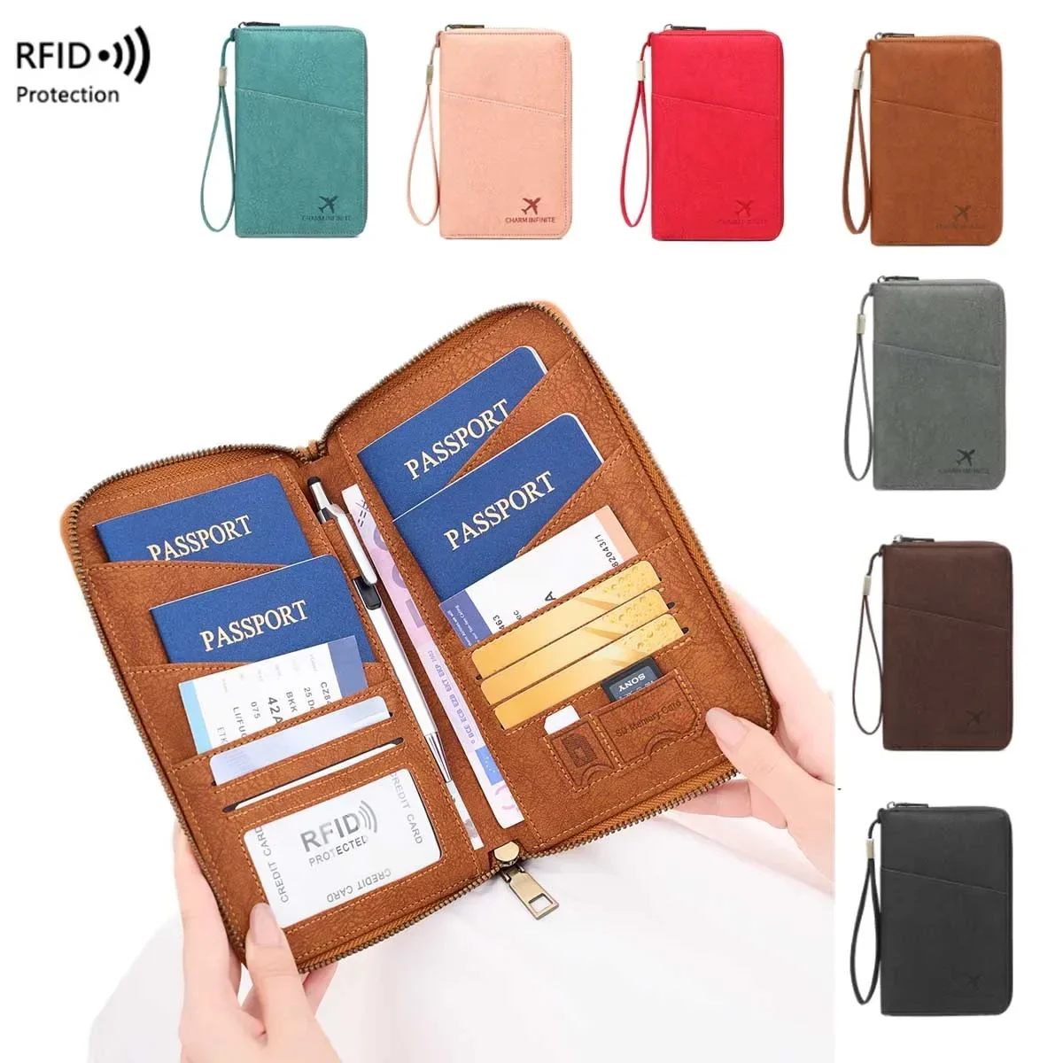 Borsa per passaporto con blocco RFID con porta documenti da viaggio con cerniera lunga Portafoglio multifunzionale per riporre biglietti per passaporti multipli - immagine 3