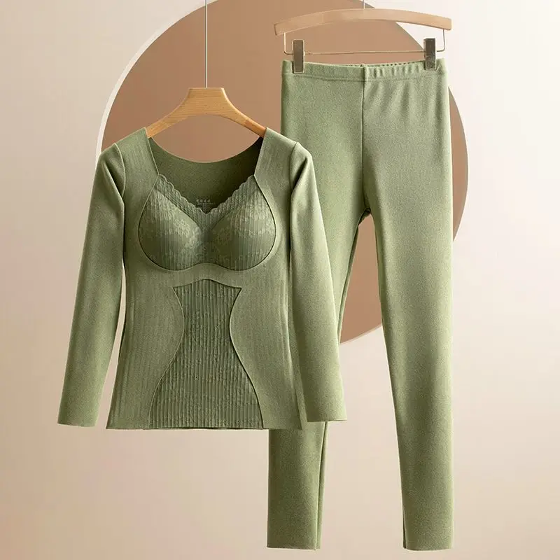 Winter Women Fashion 2 Piece Sets Female Plus Velvet Slim Warm Tops + Long Trousers Ladies Thermal Underwear Suits H618