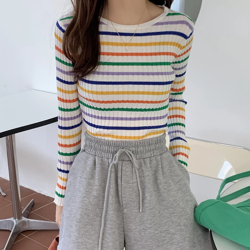 

Autumn Colorful Striped Sweater for Women Fashion Korean Bottoming Shirt Slim O-neck Lady Sweaters Spell Color Knitwear