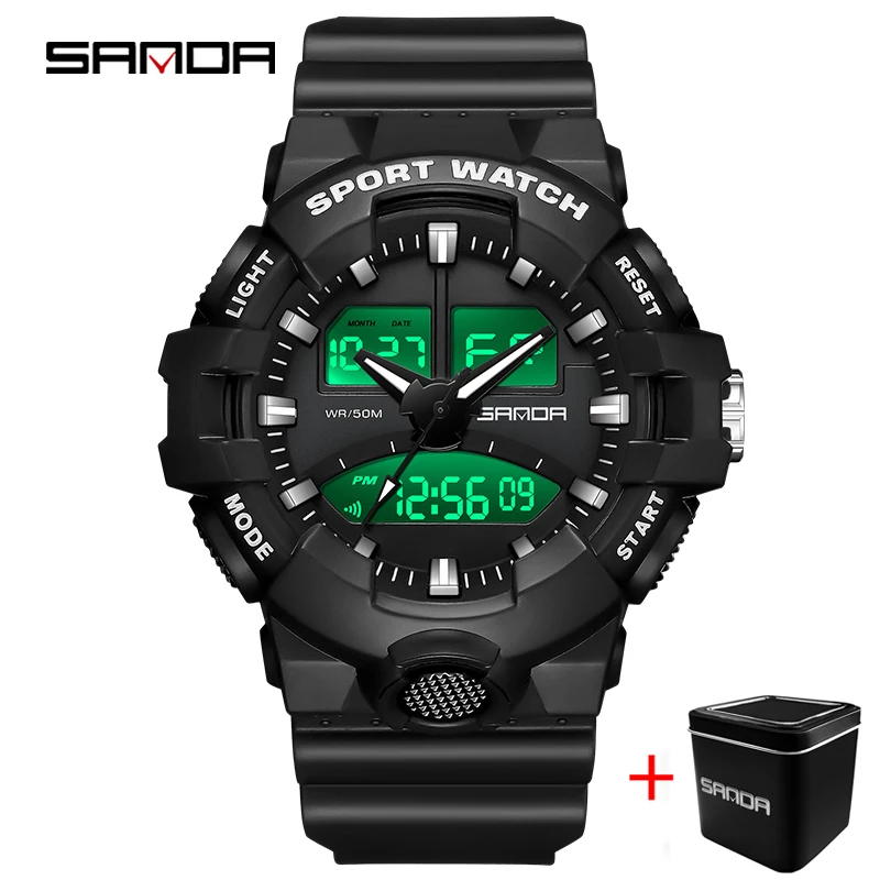 SANDA Brand Sport Watches Mens Military Waterproof Shockproof Watch Dual Display Auto Date Male Quartz Digital Wristwatches