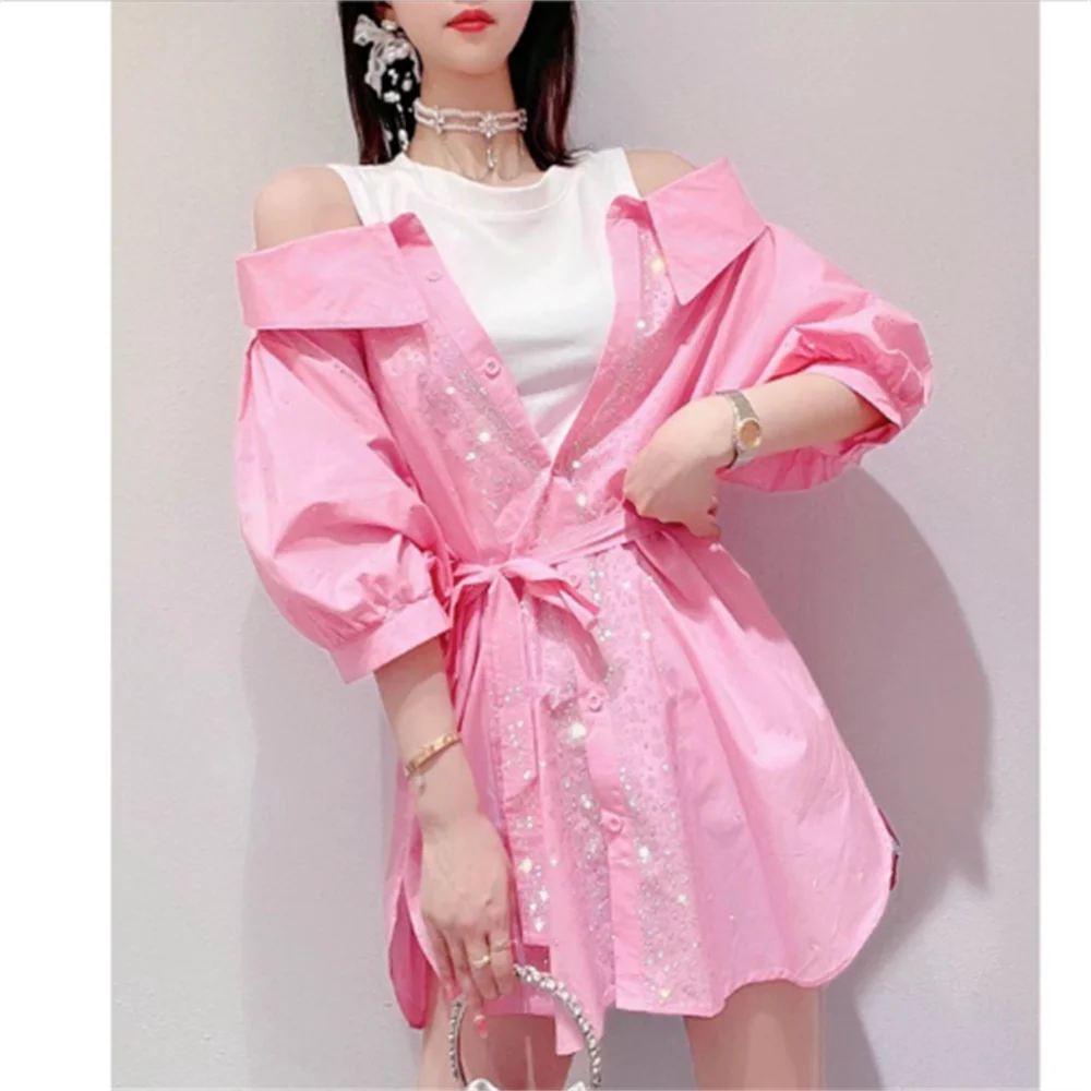 

Рубашка на плечо с бусинами для женщин, новинка, свободная поддельная рубашка из двух частей с ремнем, летний топ