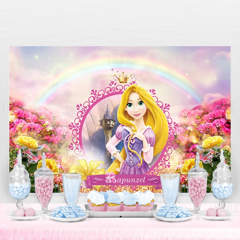 Fondo de dibujos animados de Disney para fotografía de niñas, telón de  fondo colorido de Rapunzel con flores, decoración de fiesta de cumpleaños|  | - AliExpress