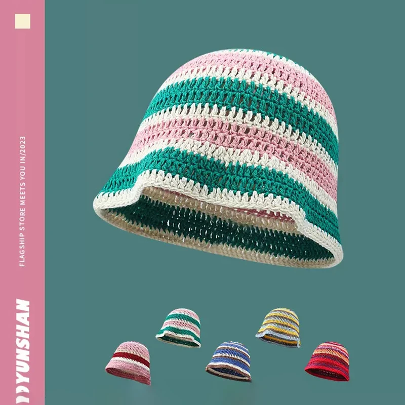 

Панама женская хлопковая Радужная для отпуска, Модная трикотажная Панама от солнца в полоску, в Корейском стиле, для путешествий и отпуска, весна-лето