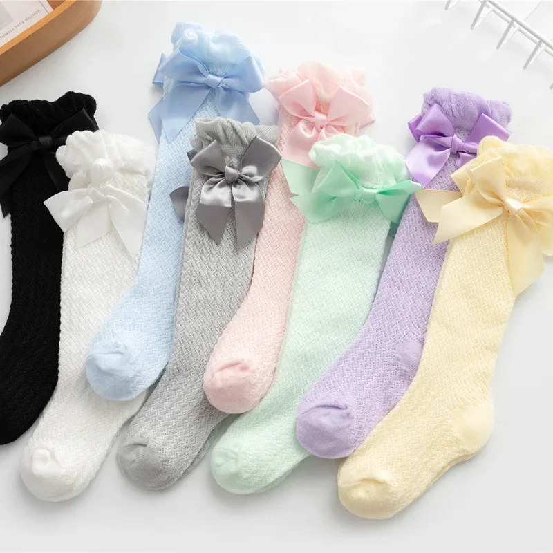 

0-4Years For Baby Girls Socks Summer Kids Knee High Long Sock Children Bow Tie Out Cotton Mesh Socks Infant Thin Soft Solid Sock