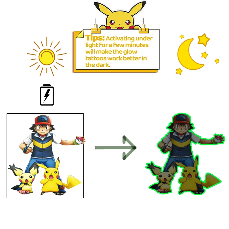 Pokemon Luminous Tattoos for Kids Pikachu Styles Temporary Tattoos Stickers Boys Girls Glow Party Supplies Gifts for Children 4