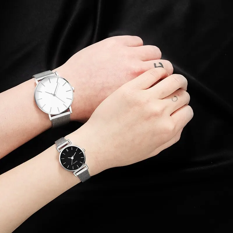 Quartz Watch 2pcs Stainless Steel For Women Men Leisure Fashion Golden Ladies Clock Wristwatch