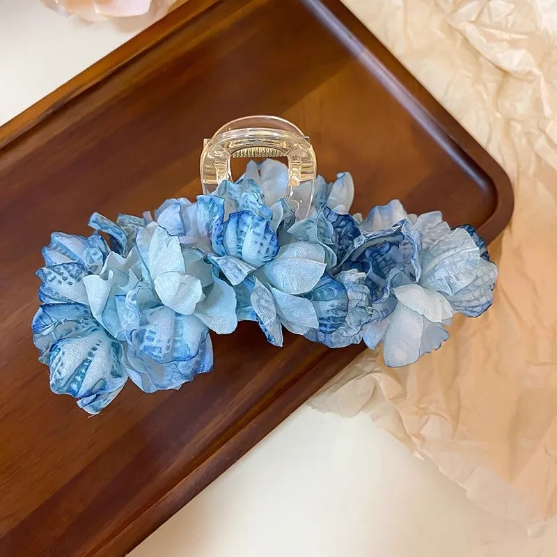 Flower Waterfall Blue Hydrangea Flower Fringe Grab Clip Atmosphere Back Head Disc Hair Shark Clip Hairpin Headgear Mori