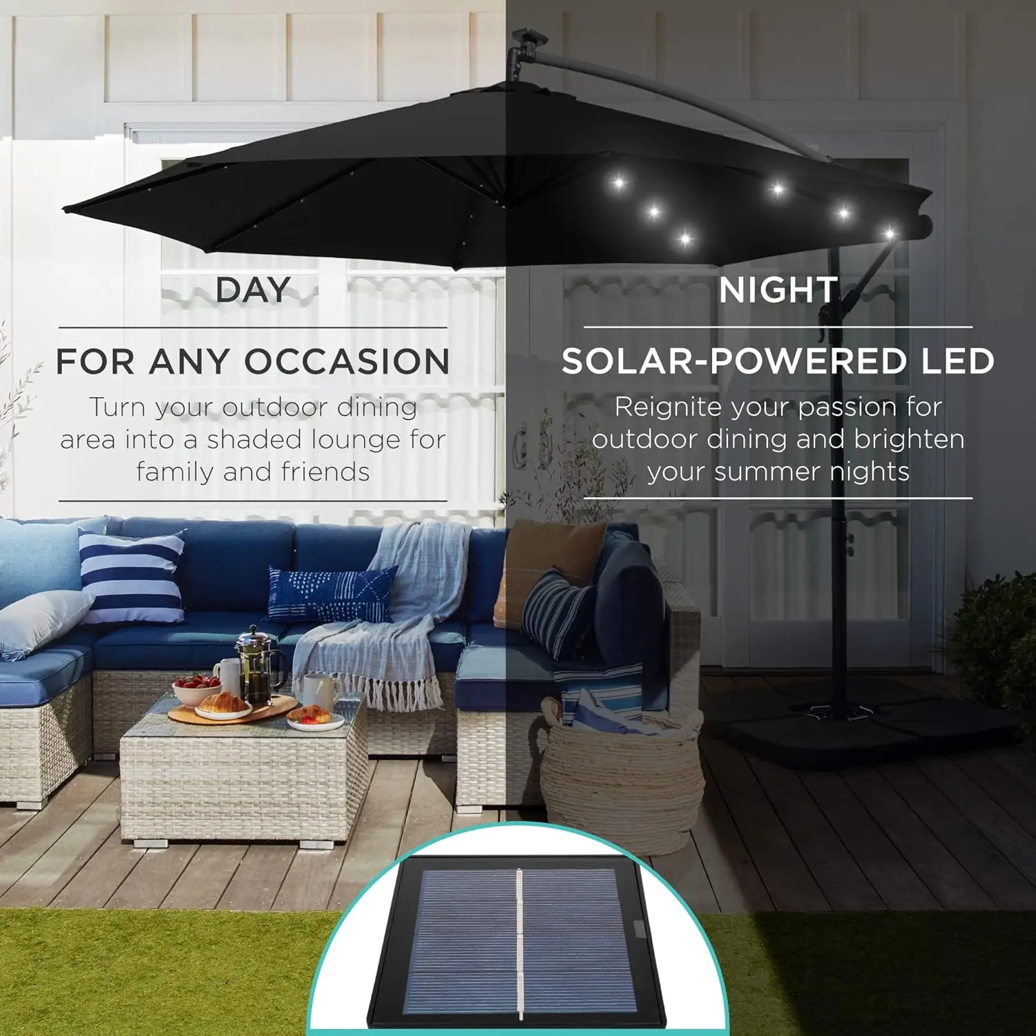 10ft Solar LED Offset Hanging Market Patio Umbrella for Backyard, Poolside, Lawn and Garden w/Easy Tilt Adjustment, Polyester Sh 4