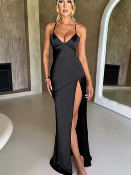 Elegant Women's Black Satin Spaghetti Strap Maxi Dress, V Neck High Slit Bodycon Formal Evening Gown, Party Cocktail Dress