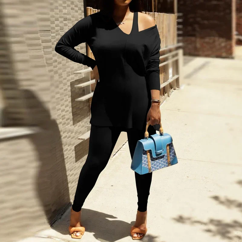 Casual Two-piece Pants Suit Autumn Sportswear Women's Autumn and Winter Double-sided Fleece Shoulder Wide Loose Shoulder Top