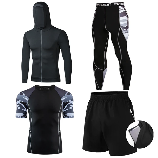 Mens Compression Sportswear Set Gym Running Sport Clothes Tight T-shirt  Lycra Leggings Athletics Shorts Fitness Rash Guard Kits