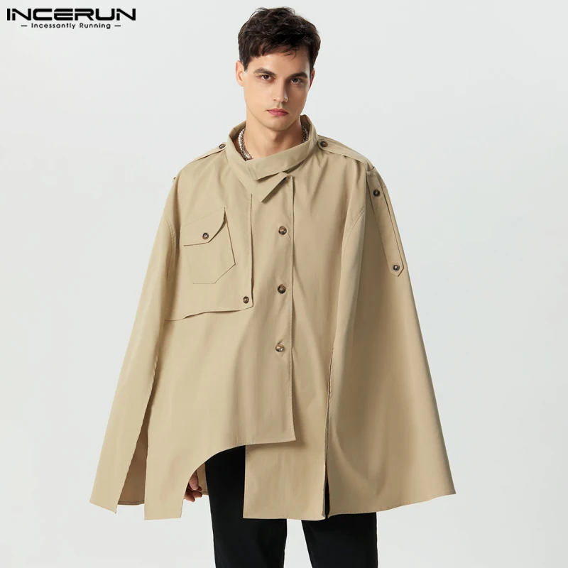 

Handsome Well Fitting Tops INCERUN New Men's Solid Loose Silhouette Split Design Cape Casual Fashion All-match Trench S-5XL 2023