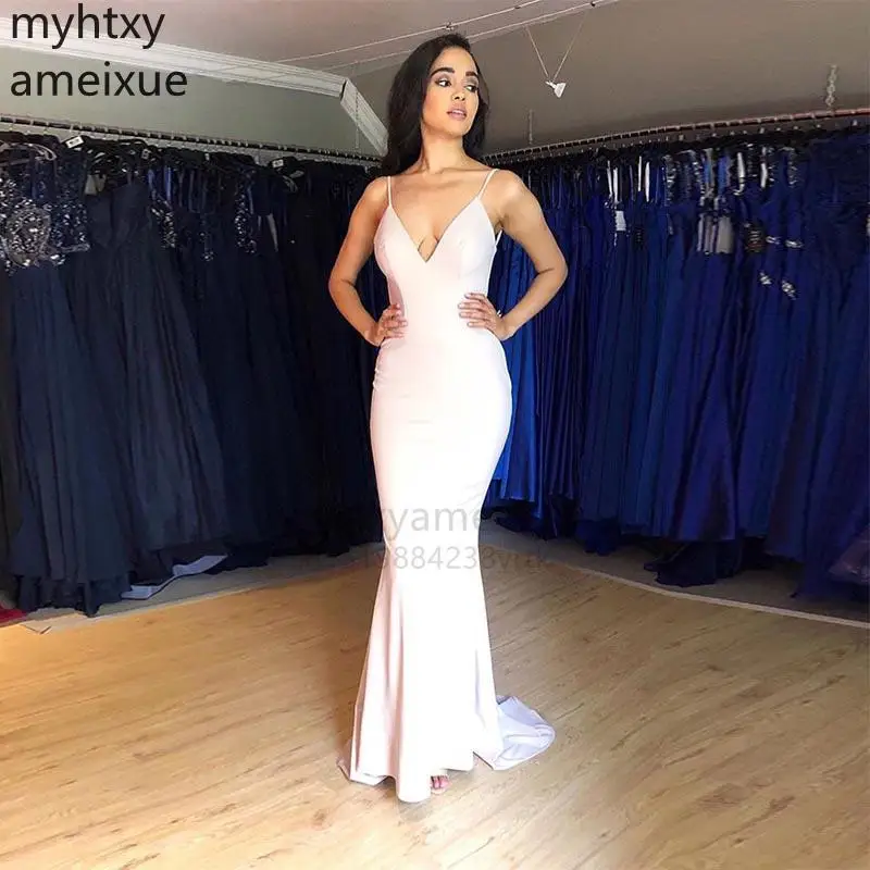 

Sexy Custom Elegant V-neck Evening Dress Light Pink Spaghetti Straps Sweep Train Mermaid Style Robe De Soiree Simple Gowns New