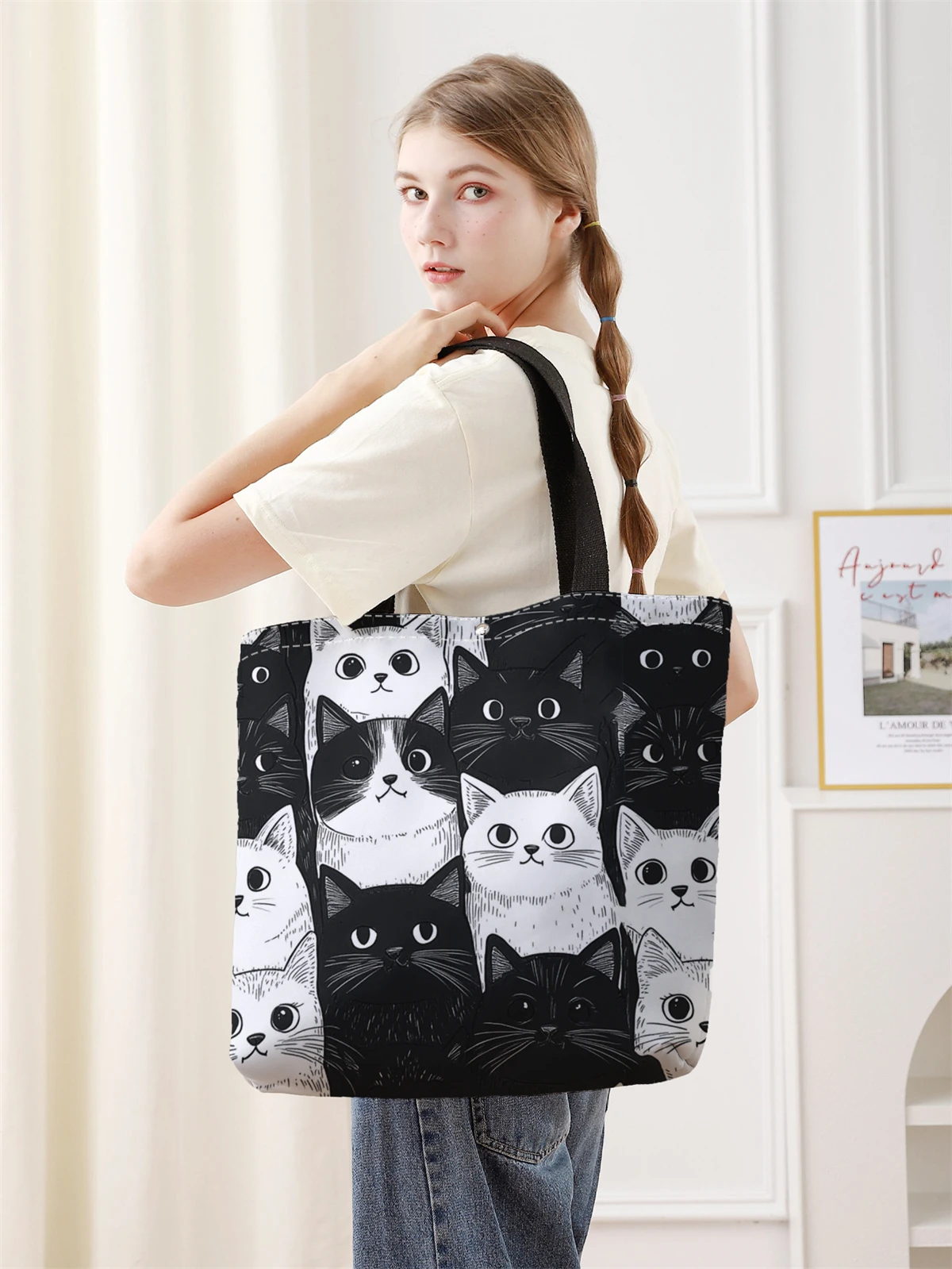 1pc， Cute cat pattern handbag, reusable fashionable handbag, multifunctional handbag, printed canvas shopping bag