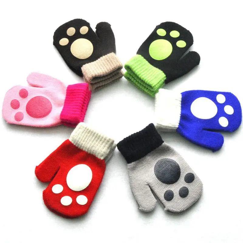 Cute Cat Paw Baby Gloves Autumn Winter Warm Knitted Mittens for Toddler Girl Boy Cartoon Kids Full Finger Gloves Guantes