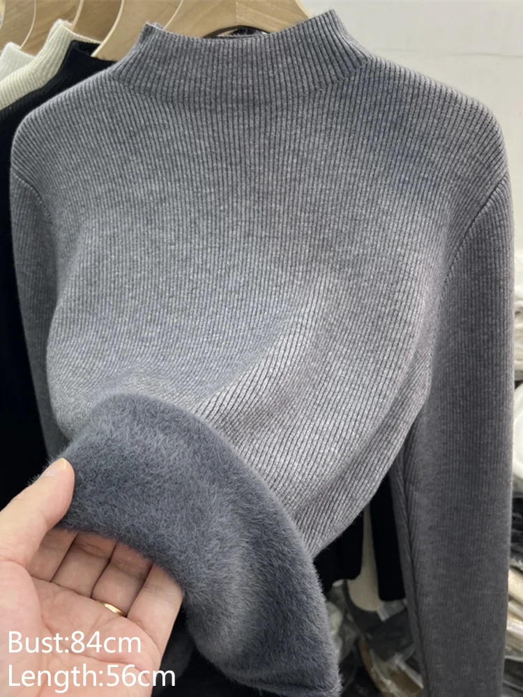 Autumn and Winter New Women's Long-sleeved Sweater Semi-turtleneck Integrated Fleece Knitwear Solid Color Bottoming Top
