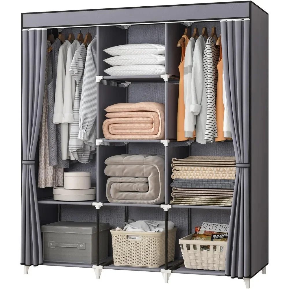

Portable Closet, 51 Inch Wardrobe Closet for Hanging Clothes with 2 Hanging Rods, 8 Storage Organizer Shelves for Bedroom