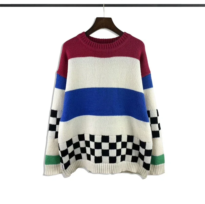 

2023fw Striped Rhude SweaterMen Women Patchwork Checkerboard Srid Sweatshirts Gym