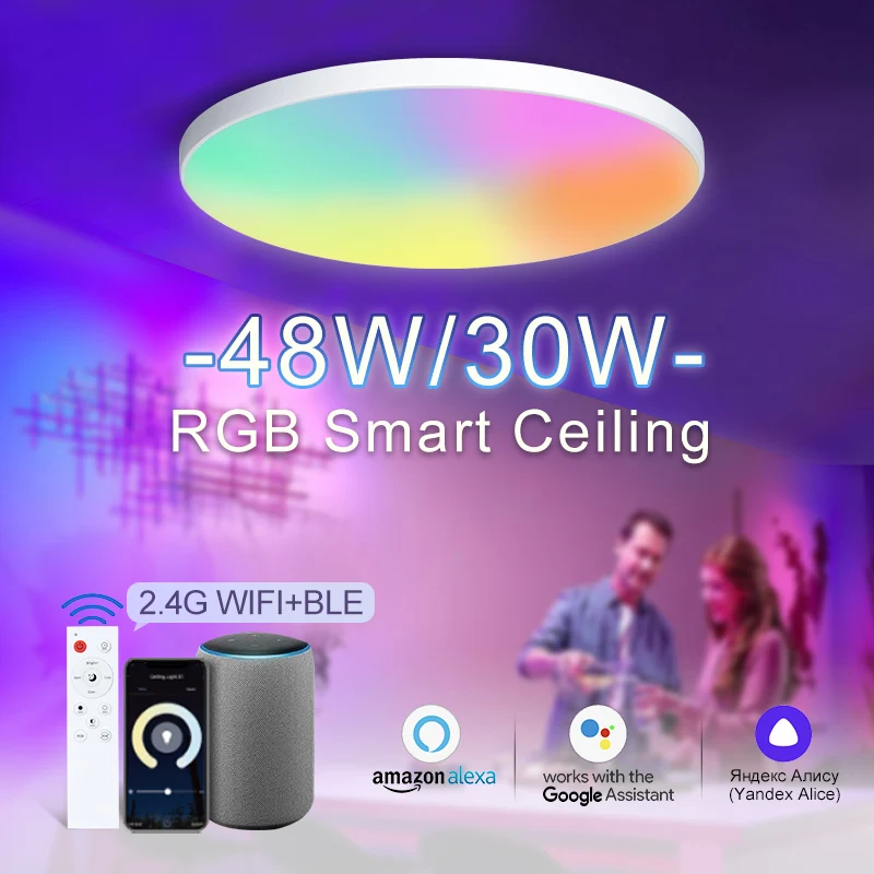 Manviv rgb inteligente lâmpada do teto com controle remoto app voz com alexa google controle 220v luzes para o quarto sala de estar