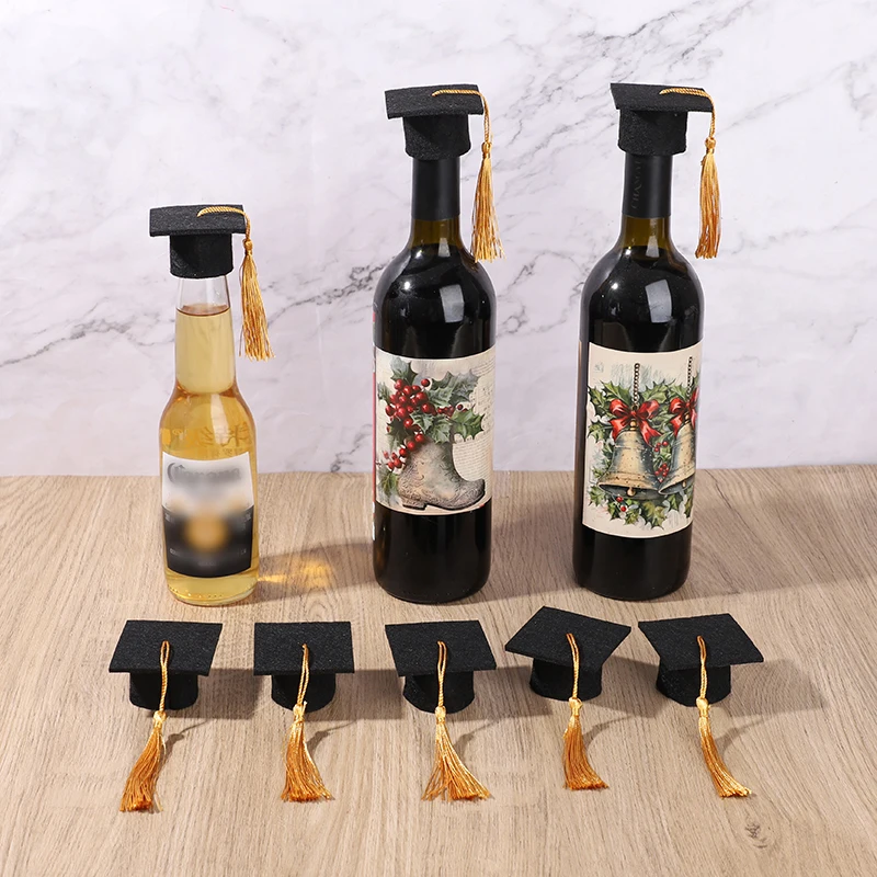 5/10pcs Mini Graduation Cap with Tassel Plush Toy Wine Bottle DIY Gift Decoration Felt Bachelor Hat 2025 Graduation Party Supply