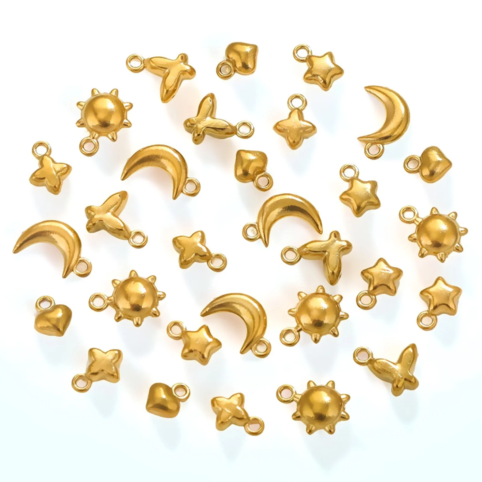 5 Stück Mini-Charms aus Edelstahl 304, 18 Karat vergoldet, 3D-Mond, Sonne, Stern, kleine Anhänger, DIY-Ohrringe, Halskette, Armband, Schmuck