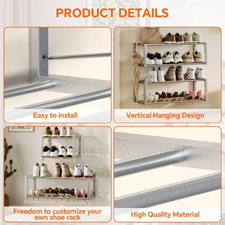 Hanging Shoe Organizer2 Pack Wall Mounted Shoe Rack Holds 12 Pairs Space Saving Metal Wall Shoe Rack Hanging Shoe Rack Shoe Hol