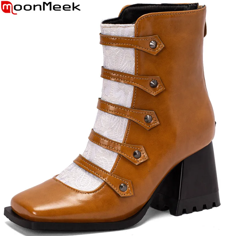 

MoonMeek 2022 Size 34-48 New Ladies Pu Women Winter Boots Zipper Mixed Colors Thick High Heels Dress Shoes Ankle Boots