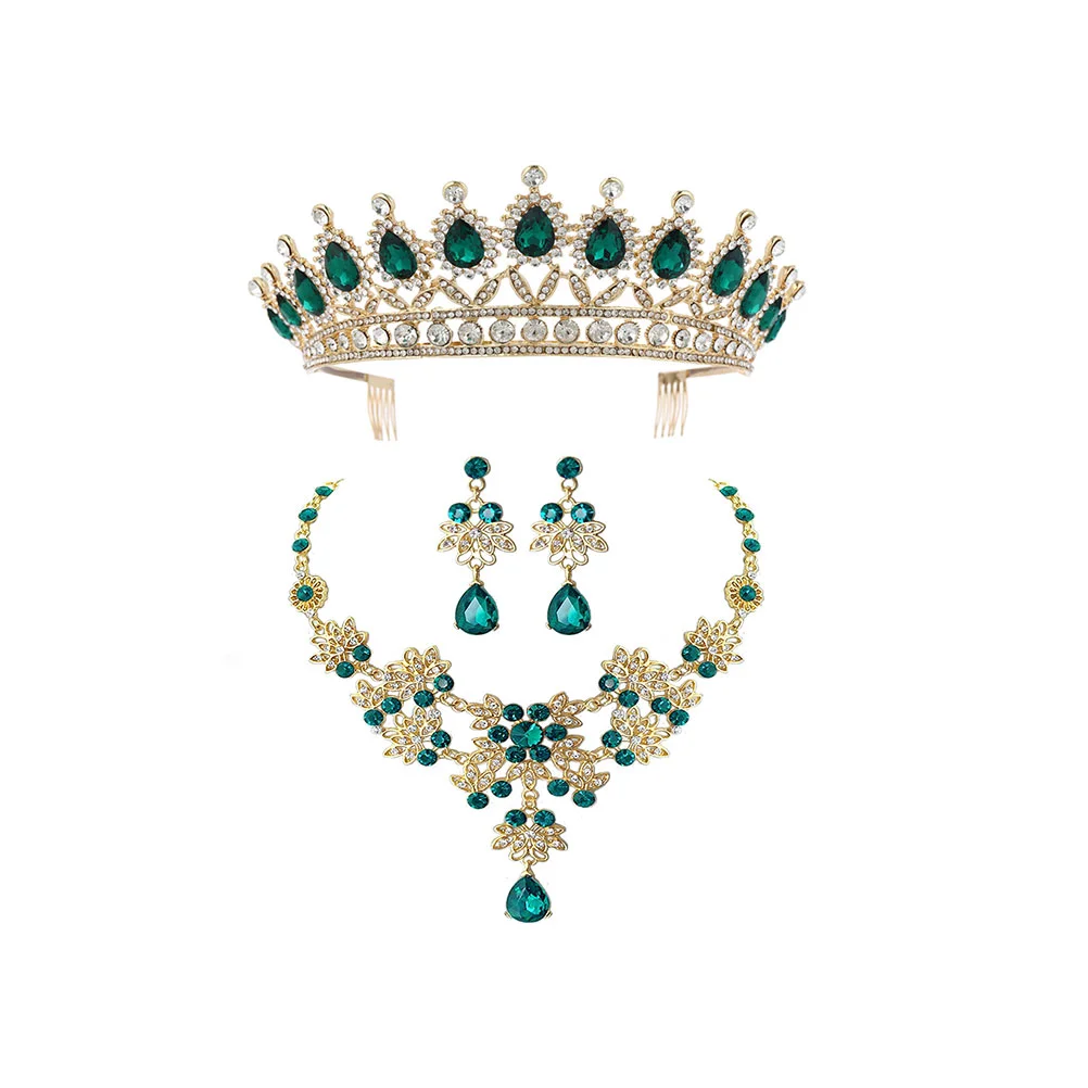 

Ushobe Bridal Jewelry Set Rhinestone Crown Necklace Earring Baroque Crown Tiaras Wedding Sets Prom Party Wedding Dress Green