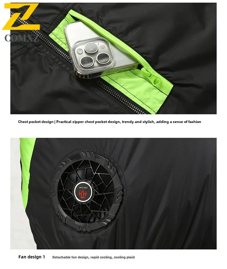 COMXZ Summer Men Cool Air Conditioning Ice Suit Silk Fabric Loose Breathable Fishing High-Power Cooling Fan Jacket Men Overalls