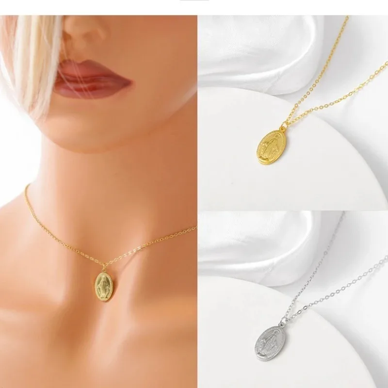 Verdigis Virgin Mary Coin Necklace - 925 Sterling Silver Religious Pendant with Gold Plated Chain, Elegant Catholic   Gift