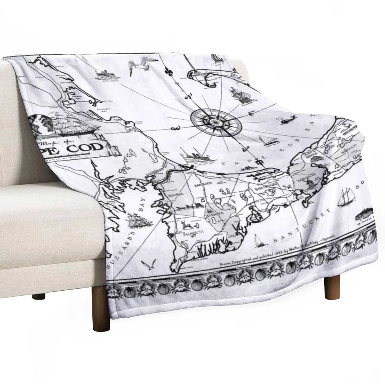 

Vintage Map of Cape Cod BW Throw Blanket Heavy Blanket Giant Sofa Blanket