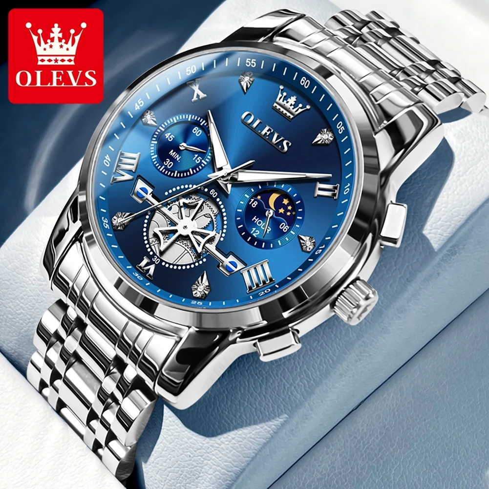 

OLEVS NEW Men's Quartz Watches Skeleton Flywheel Design Chronograph Classic Fashion Wrist watch for Men Moon phase Waterproof