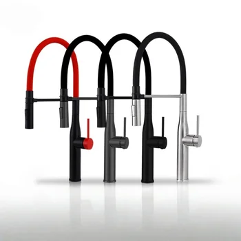 ก๊อกน้ำอ่างล้างจานแบบดึงลง Tuqiu สีเทา นิกเกิลขัดเงา ก๊อกน้ำห้องครัว ก๊อกน้ำร้อนและเย็น สปริงสีแดง SUS304 แบบหมุนดึงลง 1