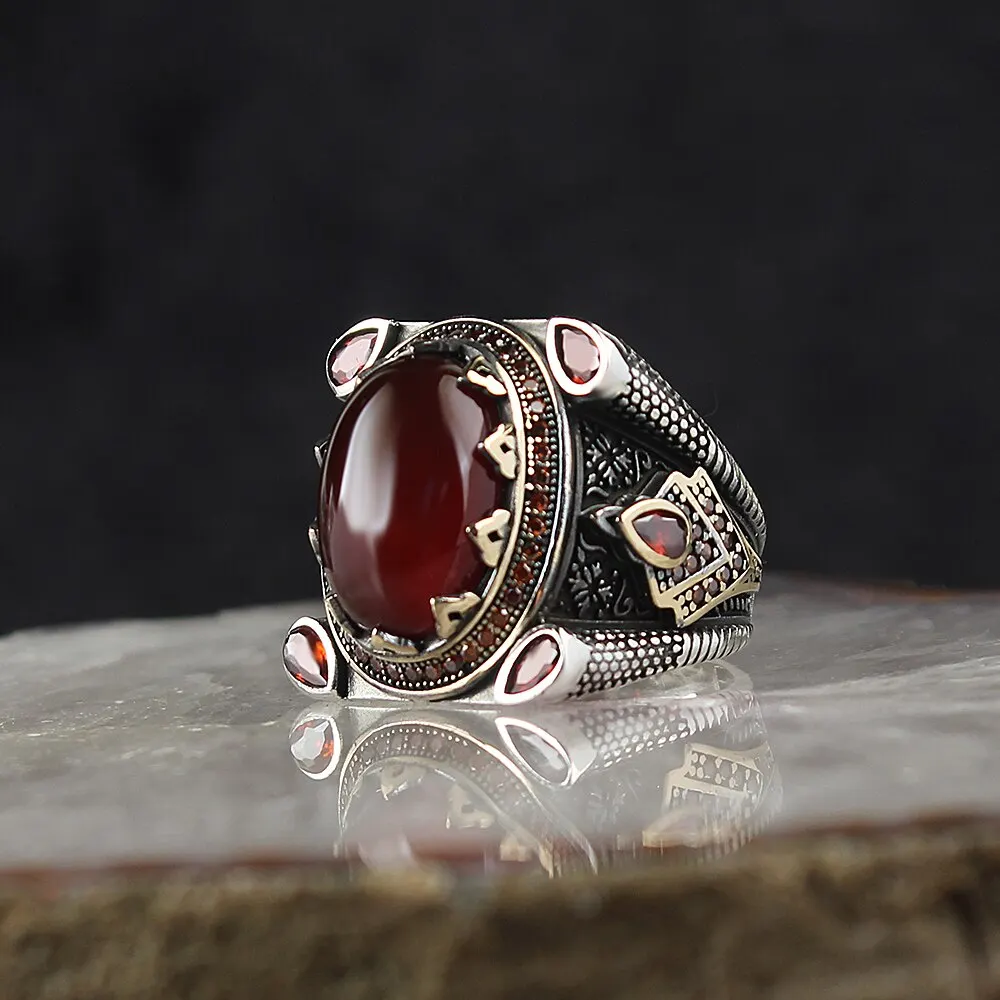 

Turkish Handmade 925 Sterling Silver Rings For Men Red Agate Natural Stone Jewelry Fashion Gift Mens Accessories Movador