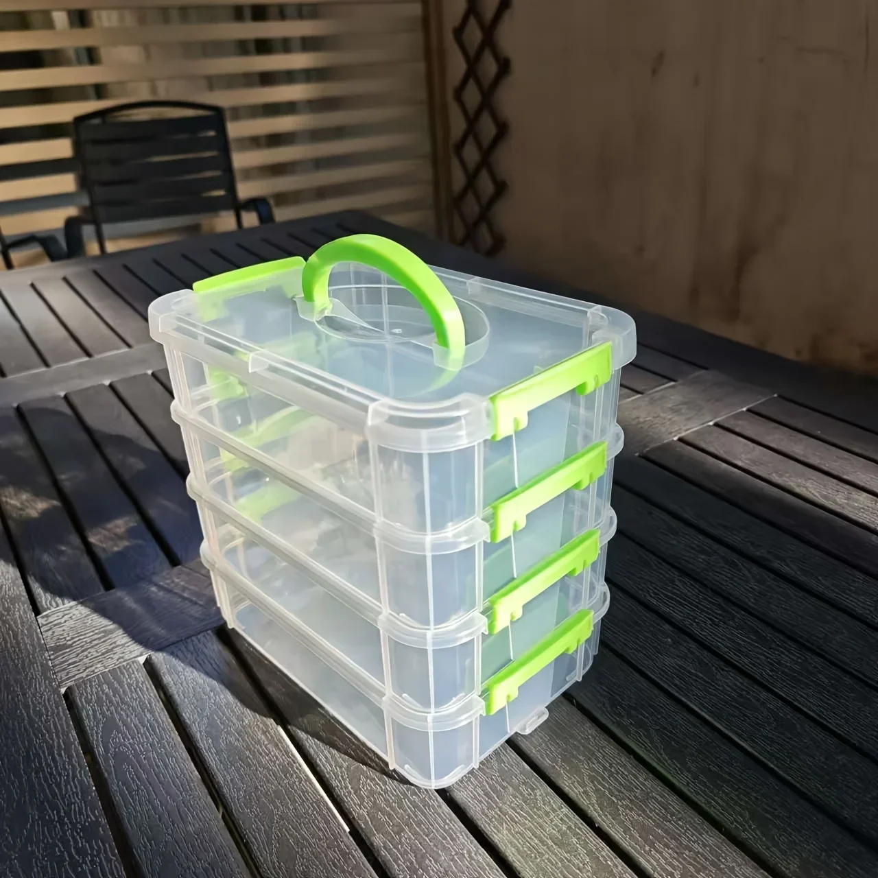 Caja organizadora de plástico apilable de 4 capas, contenedor de almacenamiento transparente a prueba de polvo con asa para manualidades de papelería con cuentas de Lego
