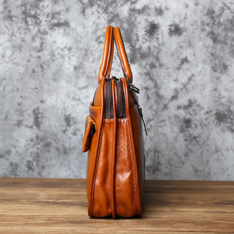 NZPJ Men's Leather Briefcase Retro Top Layer Cowhide Large Capacity Handbag European and American Fashion Shoulder Computer Bag