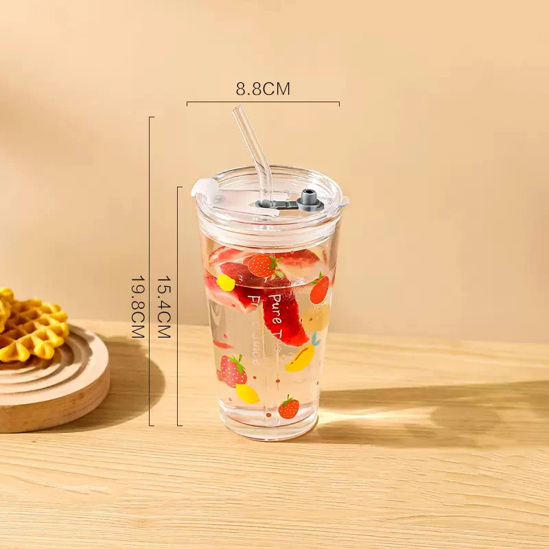 Cute Korean Style Coffee Letters Check List Transparent Glass Cup with Lid