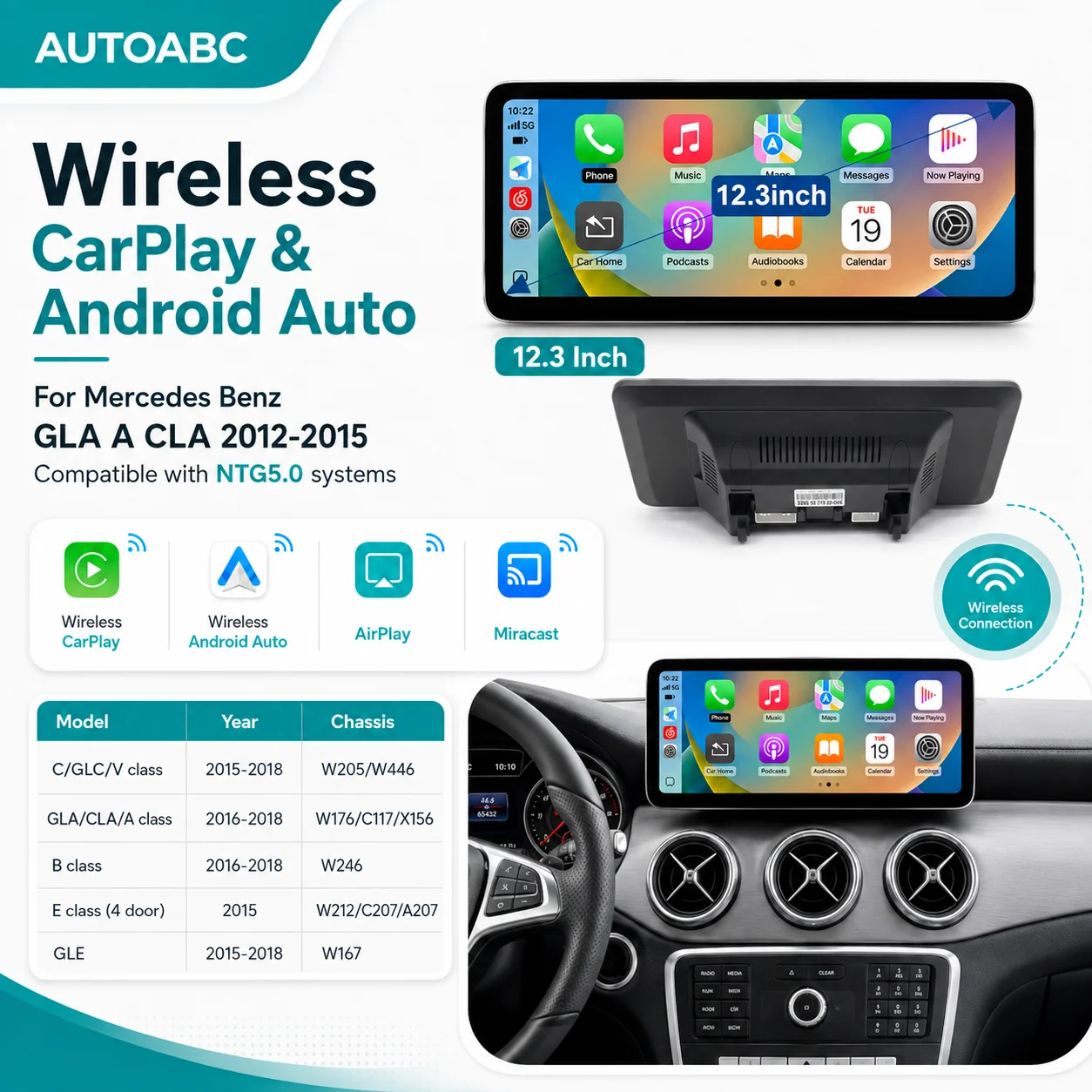 Pantalla Táctil Multimedia Inalámbrica CarPlay de 12.3 Pulgadas 2400*900 Ultra Delgada para Mercedes Benz GLA CLA GLC W205 W176 C117 NTG5.0 1