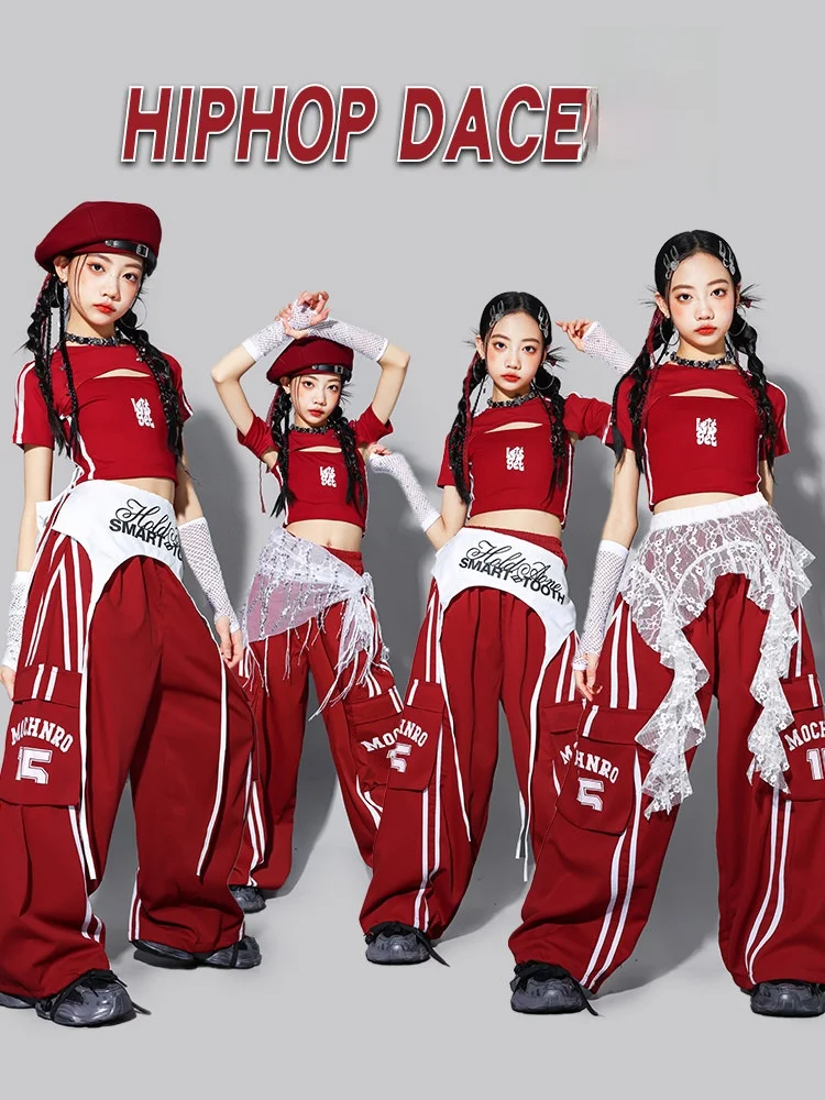 Girls Jazz Dance Outfit Children's Street Performance Clothes Trendy Show Suit Junior Street Set Red Color Stage Costume