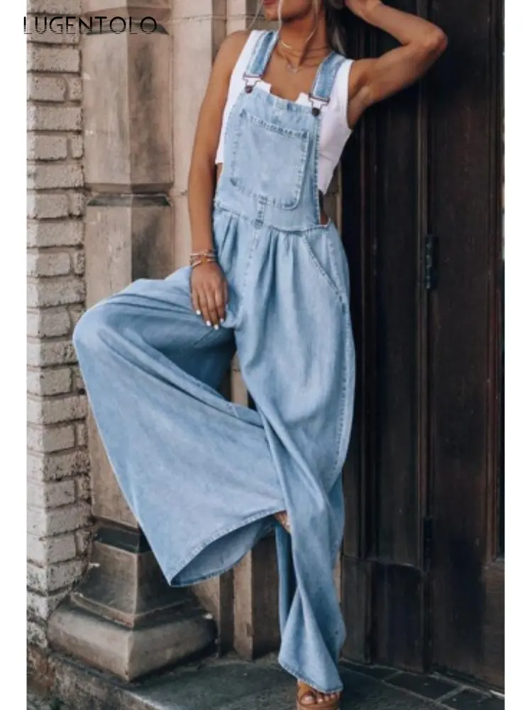 

Overalls Summer Jeans Women Solid Casual Denim Fashion Street Female Washed Loose Big Pocket Long Wide-leg Pants