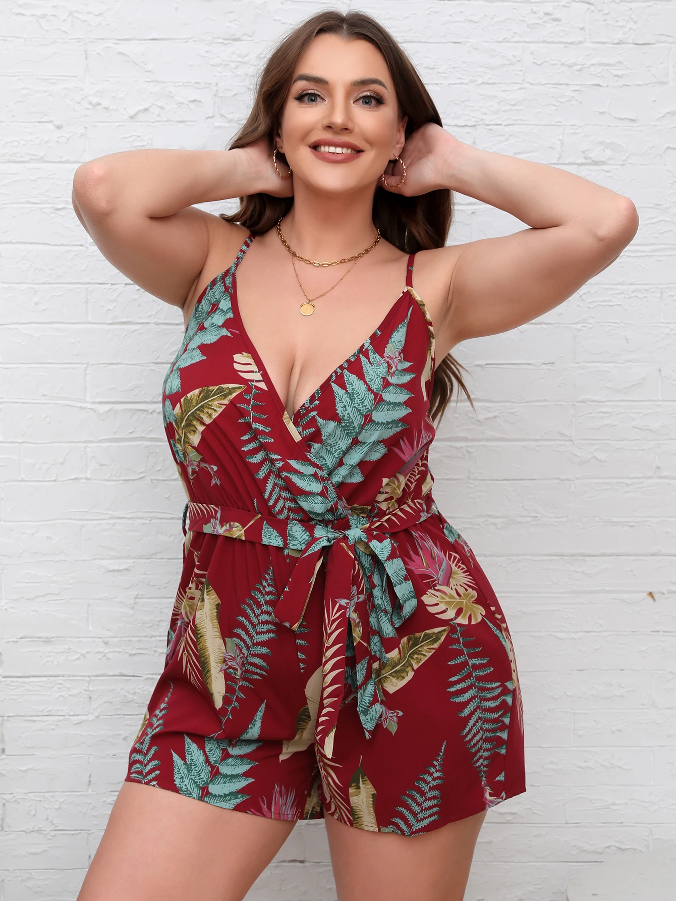 

Finjani Cami Romper Summer 2023 Tropical Print Bow Front Belted Cami Romper Beach Style Plus Size Women Clothing