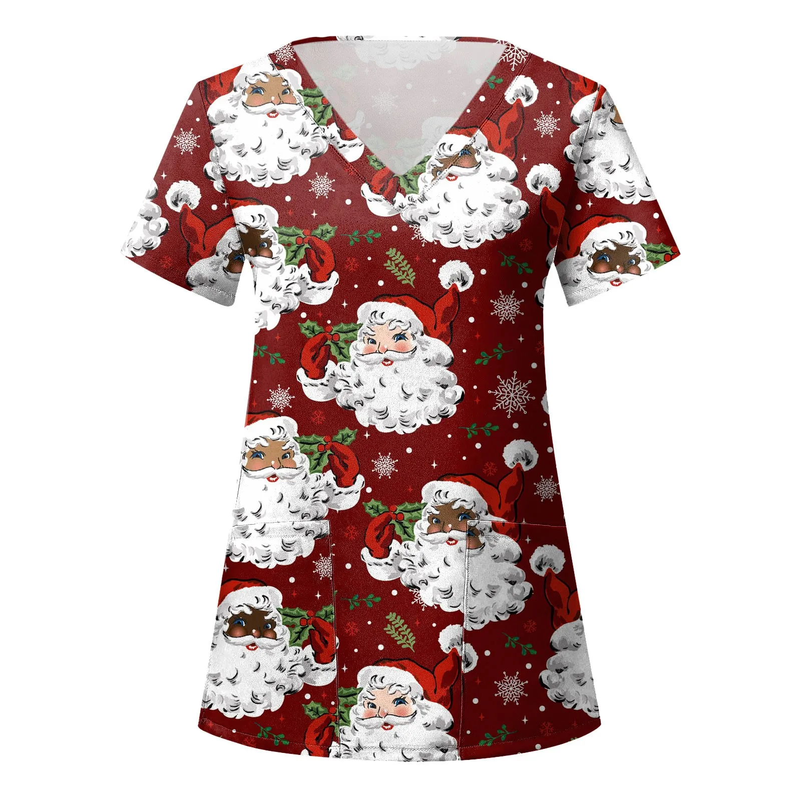 

Carer Workwear Womens Nurse Scrubs Christmas Red Short Sleeve Surgical Uniform Xmas Medical Santa Claus Print Healthcare