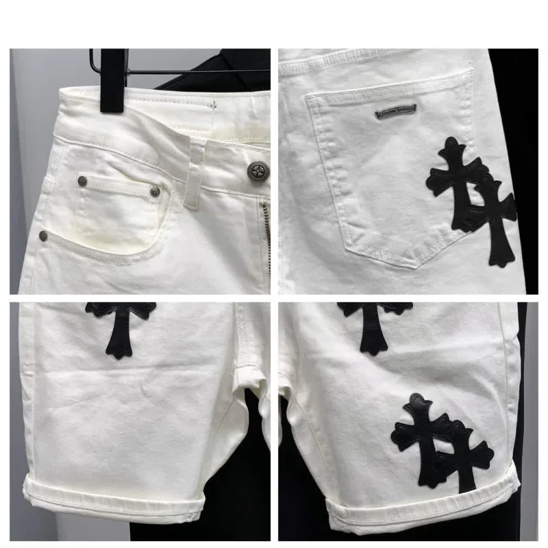 2024 New Summer Cotton Elastic Shorts Men's American Style Street Fashion Brand Embroidered White Denim Shorts for Men and Women