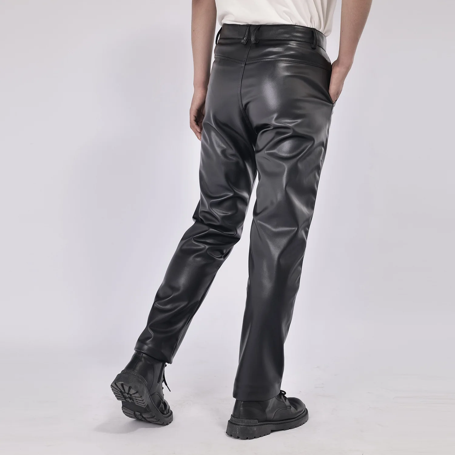 Autumn/Winter Men's New High Waist Straight Tube PU Leather Pants Warm Oil Proof Wind Proof Moisture Casual Pants