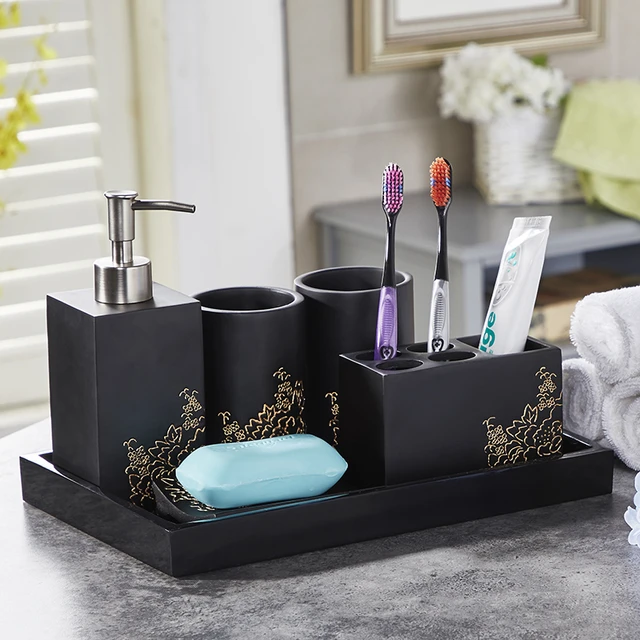 Bathroom Accessory Black with Toothbrush Holder Toothbrush Cup Tumbler Soap  Dispenser Soap Dish and Tray - AliExpress