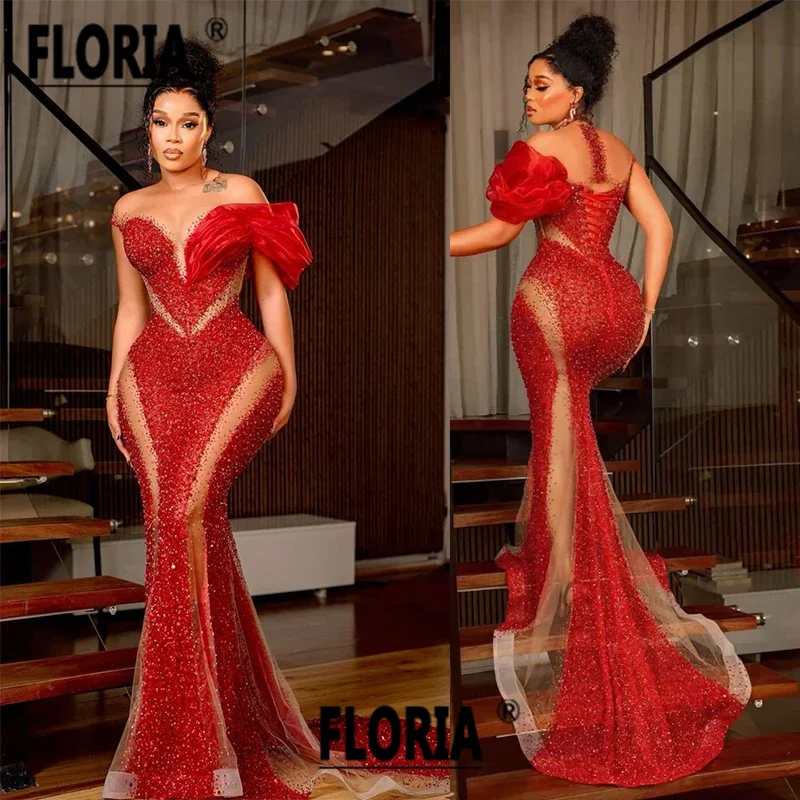 

Gorgeous Beaded Mermaid Evening Dresses Red Sequins See Through Aso Ebi Woman Wedding Party Gowns Long Prom Dress Robe De Soiree
